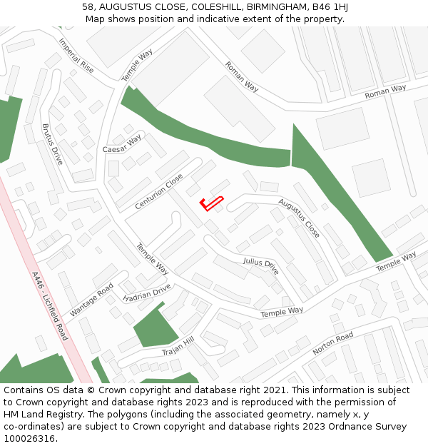 58, AUGUSTUS CLOSE, COLESHILL, BIRMINGHAM, B46 1HJ: Location map and indicative extent of plot