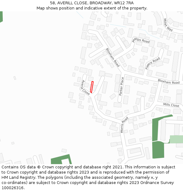 58, AVERILL CLOSE, BROADWAY, WR12 7RA: Location map and indicative extent of plot