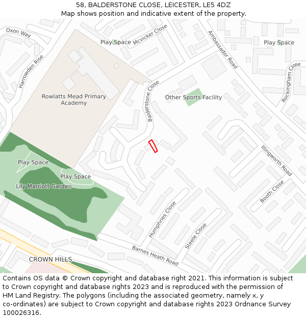 58, BALDERSTONE CLOSE, LEICESTER, LE5 4DZ: Location map and indicative extent of plot