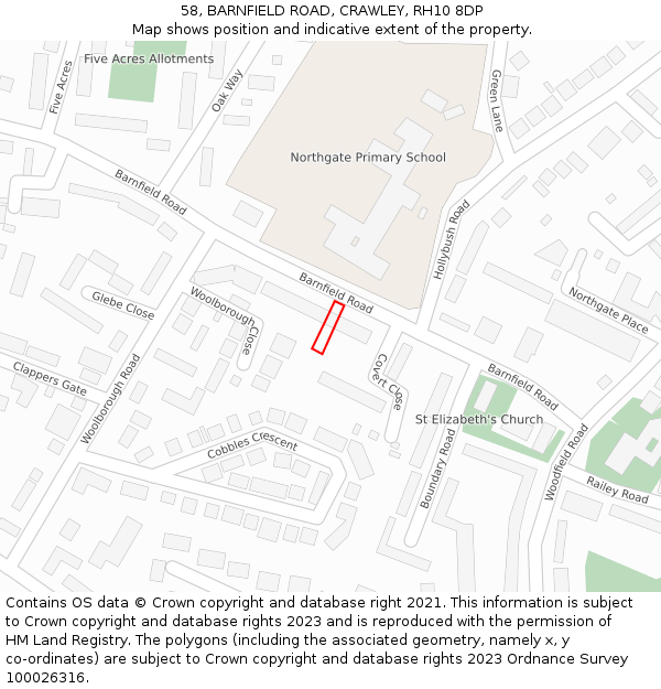 58, BARNFIELD ROAD, CRAWLEY, RH10 8DP: Location map and indicative extent of plot