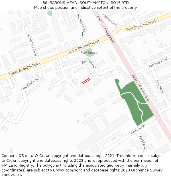 58, BARONS MEAD, SOUTHAMPTON, SO16 9TD: Location map and indicative extent of plot