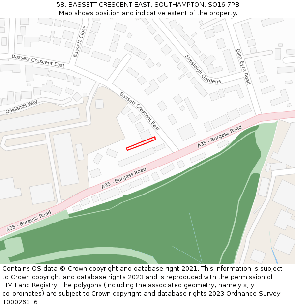 58, BASSETT CRESCENT EAST, SOUTHAMPTON, SO16 7PB: Location map and indicative extent of plot