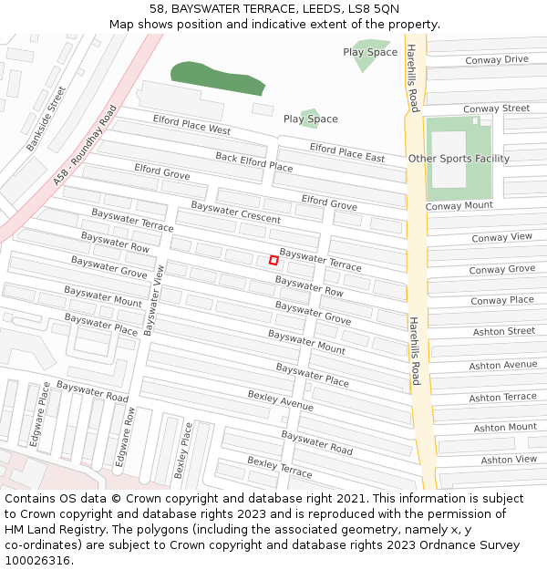 58, BAYSWATER TERRACE, LEEDS, LS8 5QN: Location map and indicative extent of plot