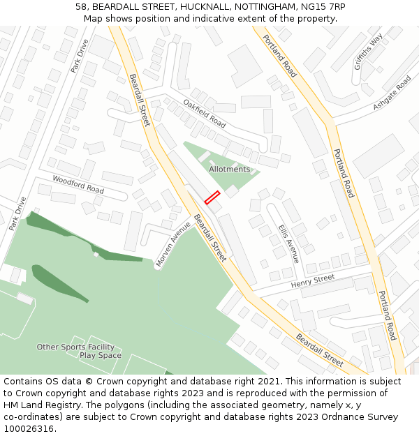 58, BEARDALL STREET, HUCKNALL, NOTTINGHAM, NG15 7RP: Location map and indicative extent of plot