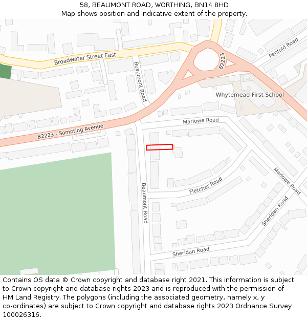 58, BEAUMONT ROAD, WORTHING, BN14 8HD: Location map and indicative extent of plot