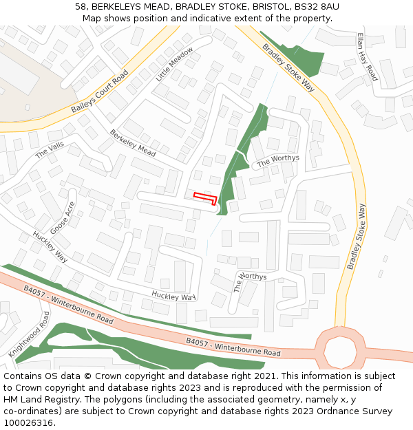 58, BERKELEYS MEAD, BRADLEY STOKE, BRISTOL, BS32 8AU: Location map and indicative extent of plot