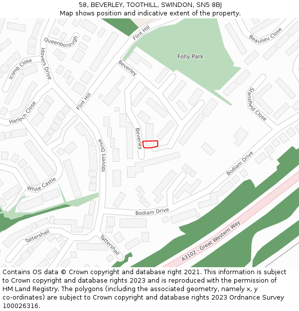 58, BEVERLEY, TOOTHILL, SWINDON, SN5 8BJ: Location map and indicative extent of plot
