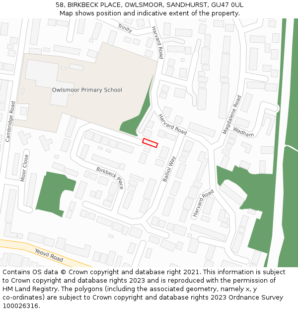 58, BIRKBECK PLACE, OWLSMOOR, SANDHURST, GU47 0UL: Location map and indicative extent of plot