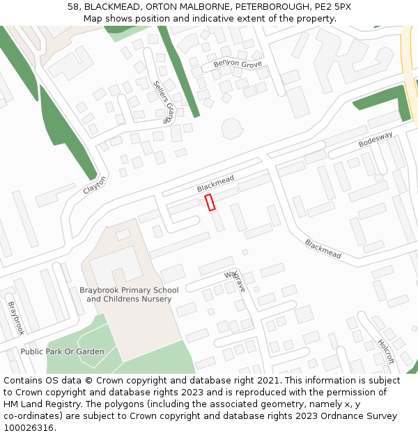 58, BLACKMEAD, ORTON MALBORNE, PETERBOROUGH, PE2 5PX: Location map and indicative extent of plot