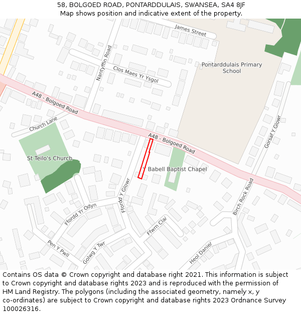 58, BOLGOED ROAD, PONTARDDULAIS, SWANSEA, SA4 8JF: Location map and indicative extent of plot
