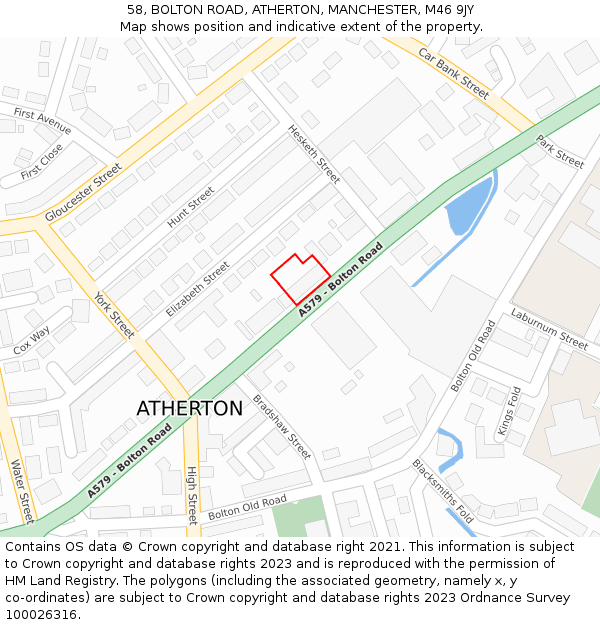 58, BOLTON ROAD, ATHERTON, MANCHESTER, M46 9JY: Location map and indicative extent of plot
