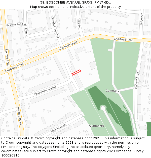 58, BOSCOMBE AVENUE, GRAYS, RM17 6DU: Location map and indicative extent of plot