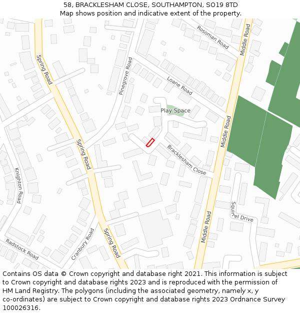 58, BRACKLESHAM CLOSE, SOUTHAMPTON, SO19 8TD: Location map and indicative extent of plot
