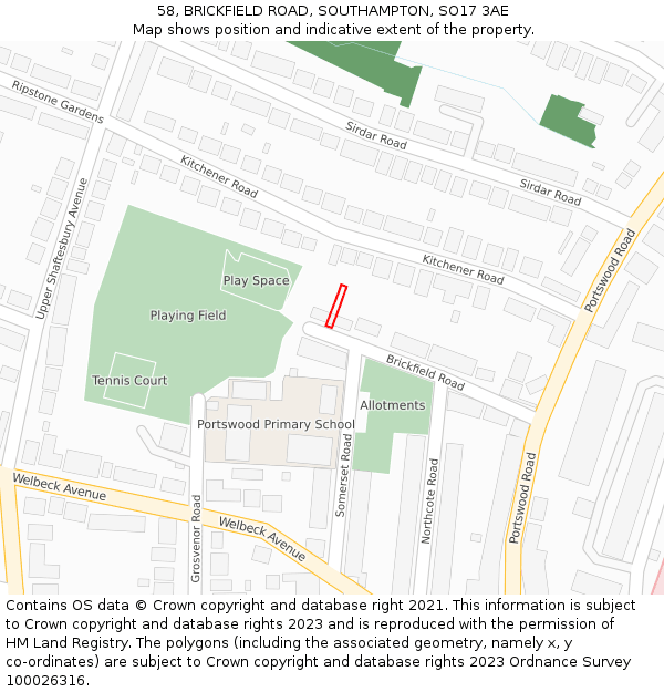 58, BRICKFIELD ROAD, SOUTHAMPTON, SO17 3AE: Location map and indicative extent of plot