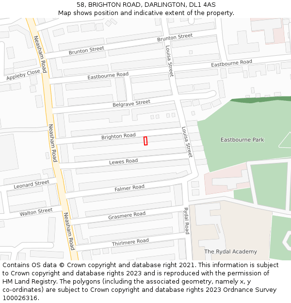 58, BRIGHTON ROAD, DARLINGTON, DL1 4AS: Location map and indicative extent of plot