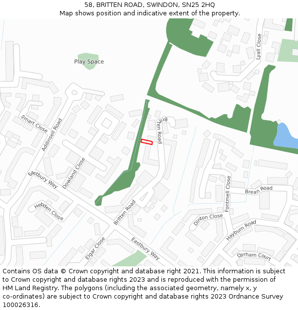 58, BRITTEN ROAD, SWINDON, SN25 2HQ: Location map and indicative extent of plot