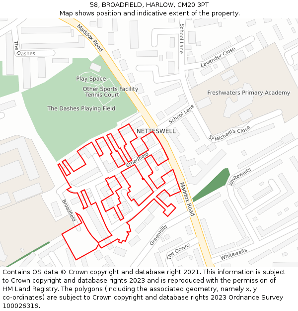 58, BROADFIELD, HARLOW, CM20 3PT: Location map and indicative extent of plot