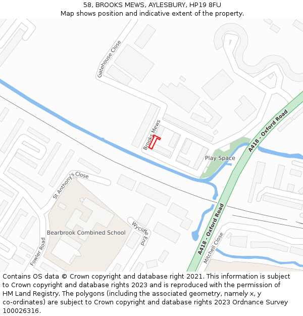 58, BROOKS MEWS, AYLESBURY, HP19 8FU: Location map and indicative extent of plot