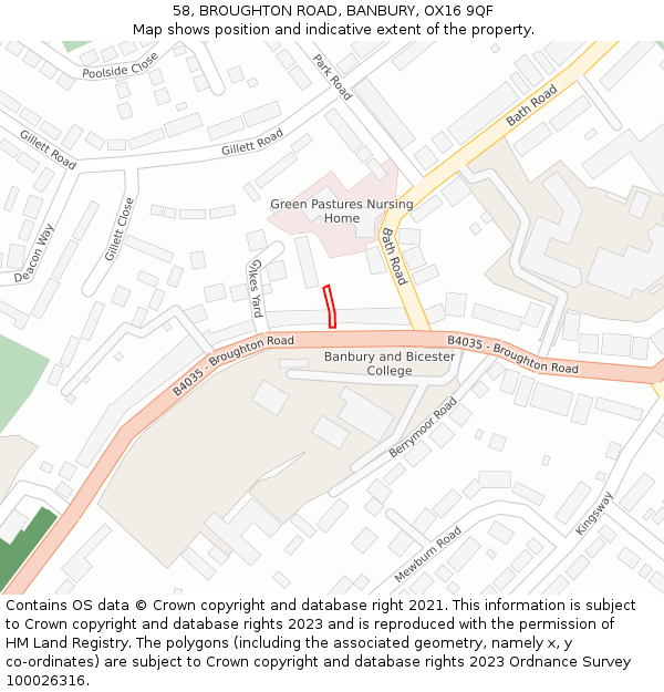 58, BROUGHTON ROAD, BANBURY, OX16 9QF: Location map and indicative extent of plot