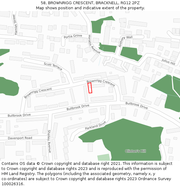 58, BROWNRIGG CRESCENT, BRACKNELL, RG12 2PZ: Location map and indicative extent of plot