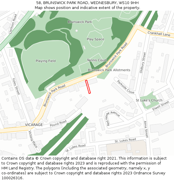 58, BRUNSWICK PARK ROAD, WEDNESBURY, WS10 9HH: Location map and indicative extent of plot