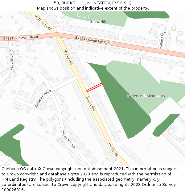 58, BUCKS HILL, NUNEATON, CV10 9LQ: Location map and indicative extent of plot
