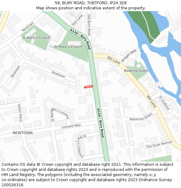 58, BURY ROAD, THETFORD, IP24 3DE: Location map and indicative extent of plot
