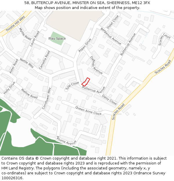 58, BUTTERCUP AVENUE, MINSTER ON SEA, SHEERNESS, ME12 3FX: Location map and indicative extent of plot