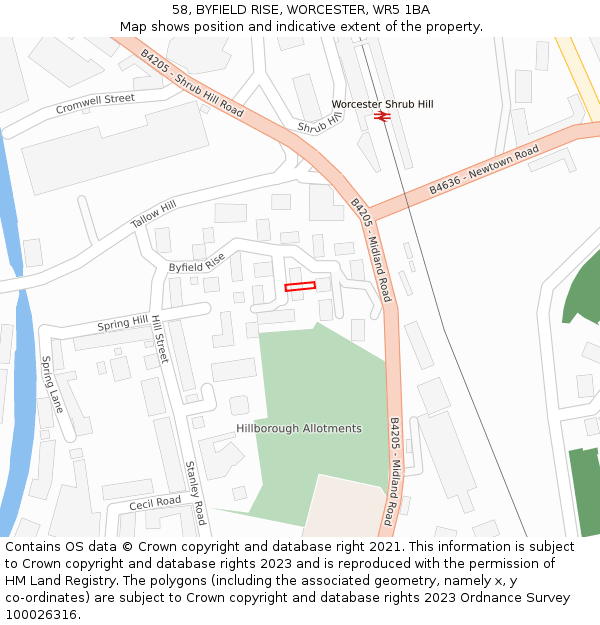 58, BYFIELD RISE, WORCESTER, WR5 1BA: Location map and indicative extent of plot
