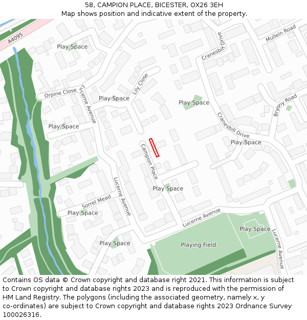 58, CAMPION PLACE, BICESTER, OX26 3EH: Location map and indicative extent of plot