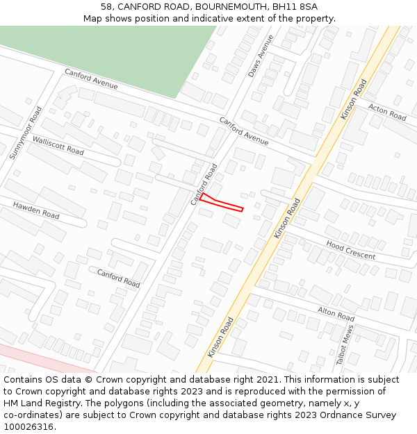 58, CANFORD ROAD, BOURNEMOUTH, BH11 8SA: Location map and indicative extent of plot