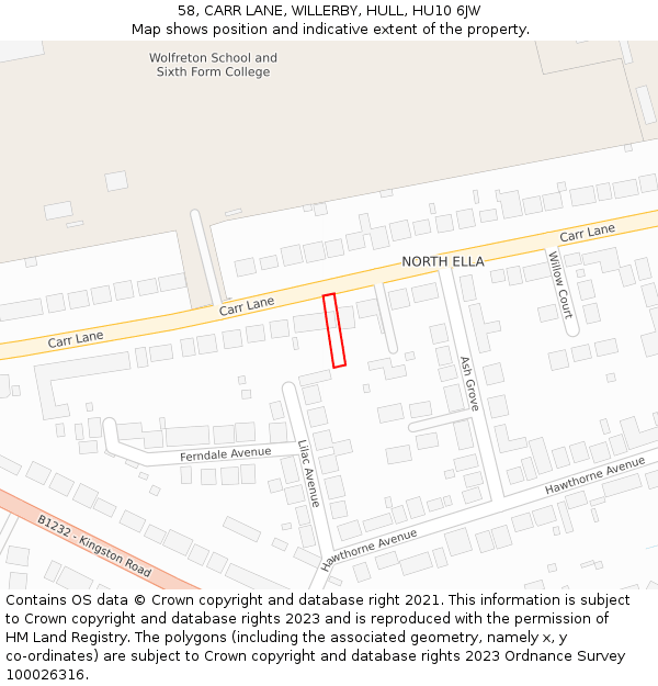 58, CARR LANE, WILLERBY, HULL, HU10 6JW: Location map and indicative extent of plot