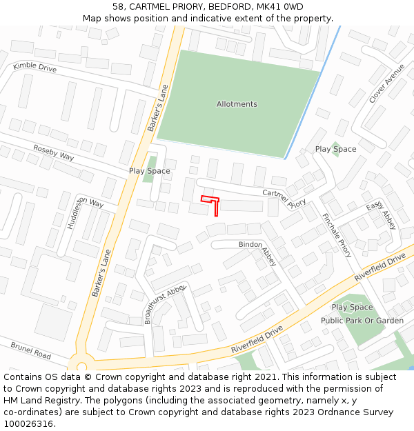 58, CARTMEL PRIORY, BEDFORD, MK41 0WD: Location map and indicative extent of plot
