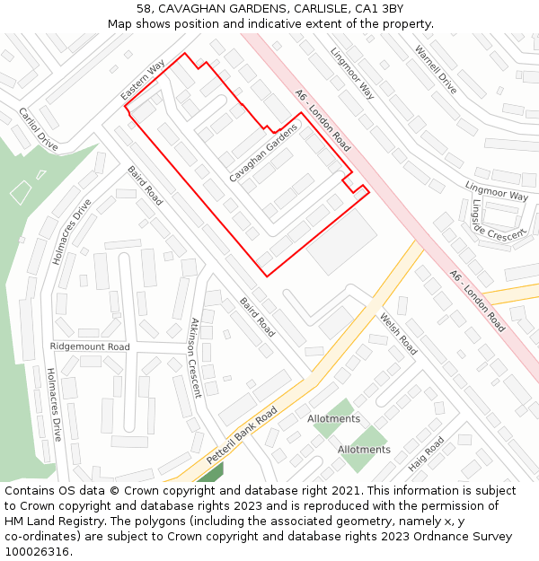 58, CAVAGHAN GARDENS, CARLISLE, CA1 3BY: Location map and indicative extent of plot