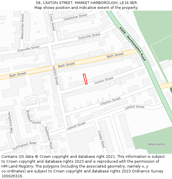 58, CAXTON STREET, MARKET HARBOROUGH, LE16 9ER: Location map and indicative extent of plot