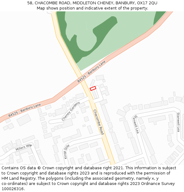 58, CHACOMBE ROAD, MIDDLETON CHENEY, BANBURY, OX17 2QU: Location map and indicative extent of plot