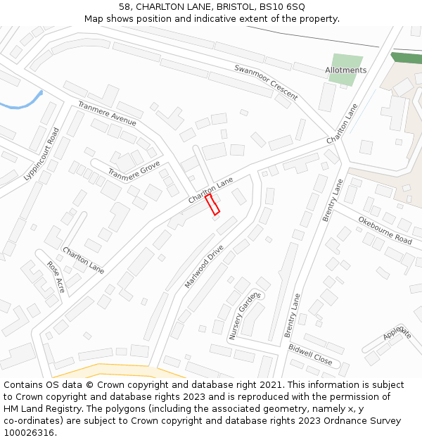 58, CHARLTON LANE, BRISTOL, BS10 6SQ: Location map and indicative extent of plot