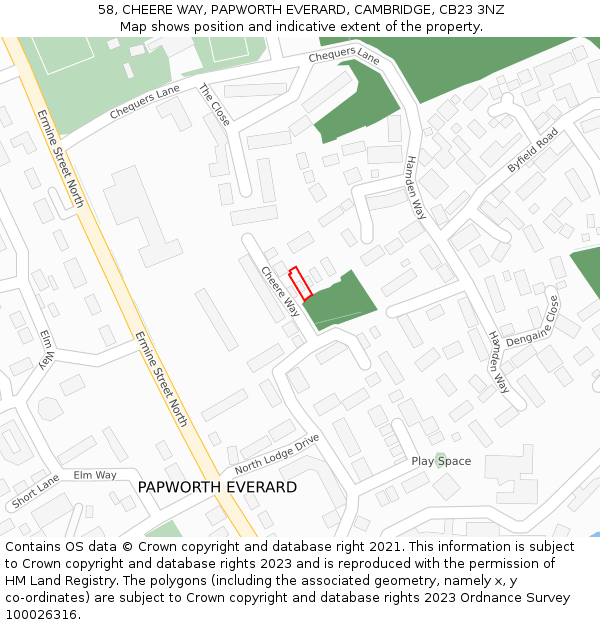 58, CHEERE WAY, PAPWORTH EVERARD, CAMBRIDGE, CB23 3NZ: Location map and indicative extent of plot