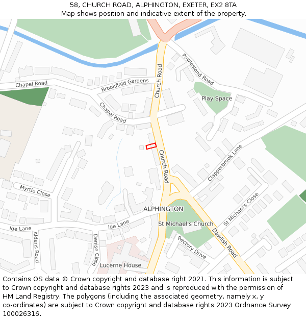 58, CHURCH ROAD, ALPHINGTON, EXETER, EX2 8TA: Location map and indicative extent of plot
