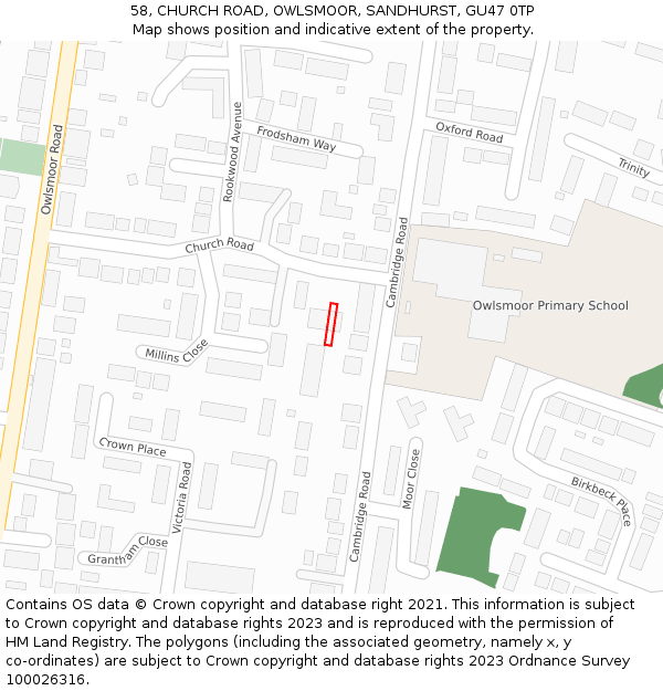 58, CHURCH ROAD, OWLSMOOR, SANDHURST, GU47 0TP: Location map and indicative extent of plot