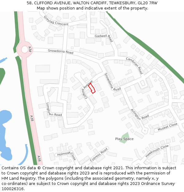 58, CLIFFORD AVENUE, WALTON CARDIFF, TEWKESBURY, GL20 7RW: Location map and indicative extent of plot