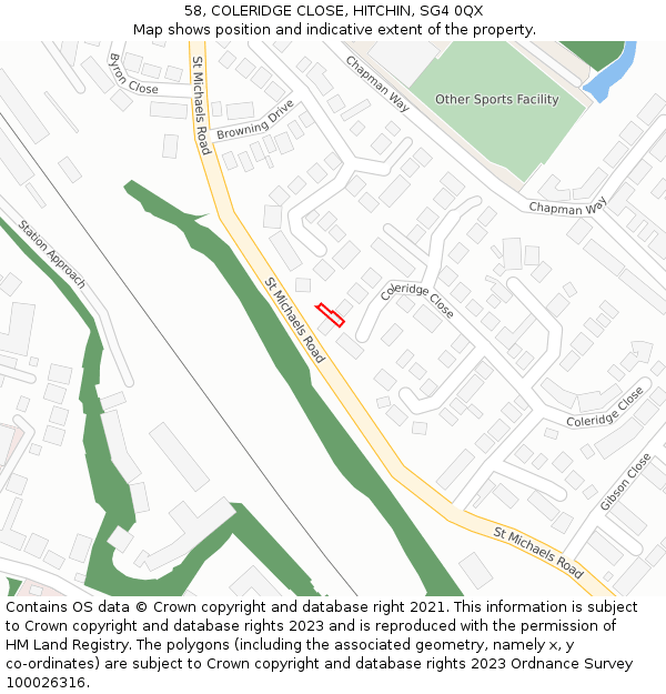 58, COLERIDGE CLOSE, HITCHIN, SG4 0QX: Location map and indicative extent of plot