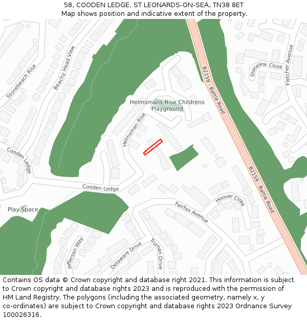 58, COODEN LEDGE, ST LEONARDS-ON-SEA, TN38 8ET: Location map and indicative extent of plot