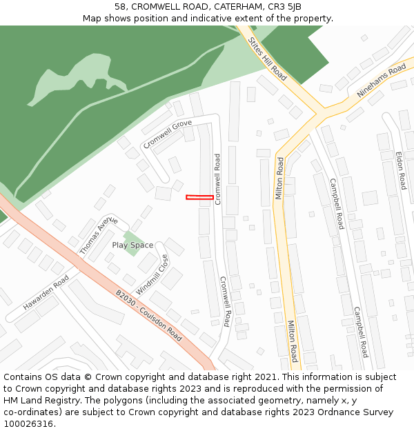 58, CROMWELL ROAD, CATERHAM, CR3 5JB: Location map and indicative extent of plot