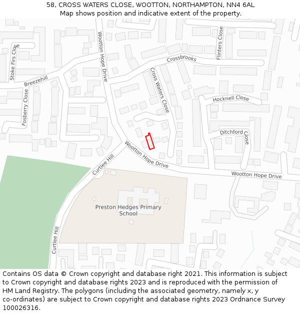 58, CROSS WATERS CLOSE, WOOTTON, NORTHAMPTON, NN4 6AL: Location map and indicative extent of plot