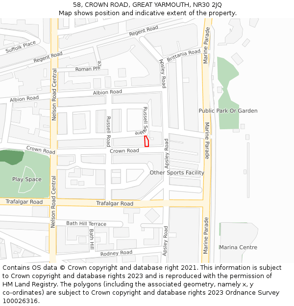 58, CROWN ROAD, GREAT YARMOUTH, NR30 2JQ: Location map and indicative extent of plot