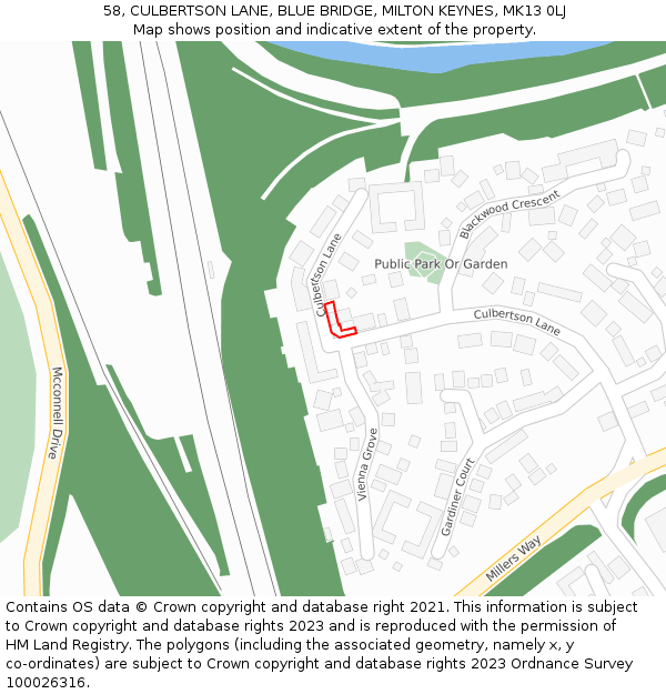 58, CULBERTSON LANE, BLUE BRIDGE, MILTON KEYNES, MK13 0LJ: Location map and indicative extent of plot