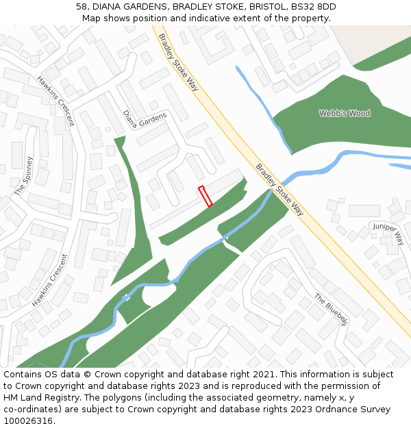 58, DIANA GARDENS, BRADLEY STOKE, BRISTOL, BS32 8DD: Location map and indicative extent of plot