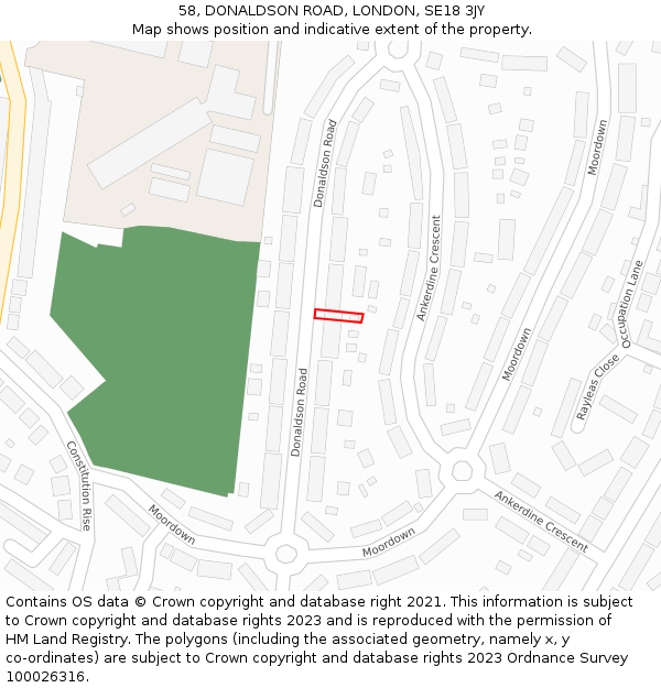 58, DONALDSON ROAD, LONDON, SE18 3JY: Location map and indicative extent of plot