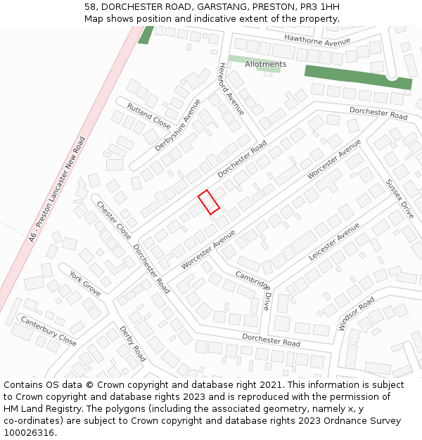 58, DORCHESTER ROAD, GARSTANG, PRESTON, PR3 1HH: Location map and indicative extent of plot